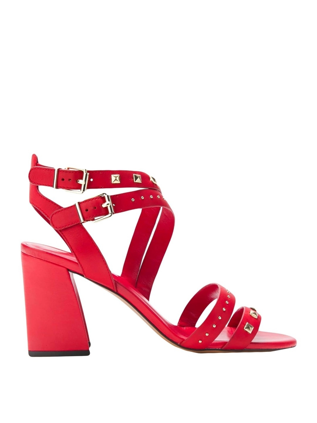 Red Studded Leather Strappy Sandals - Women